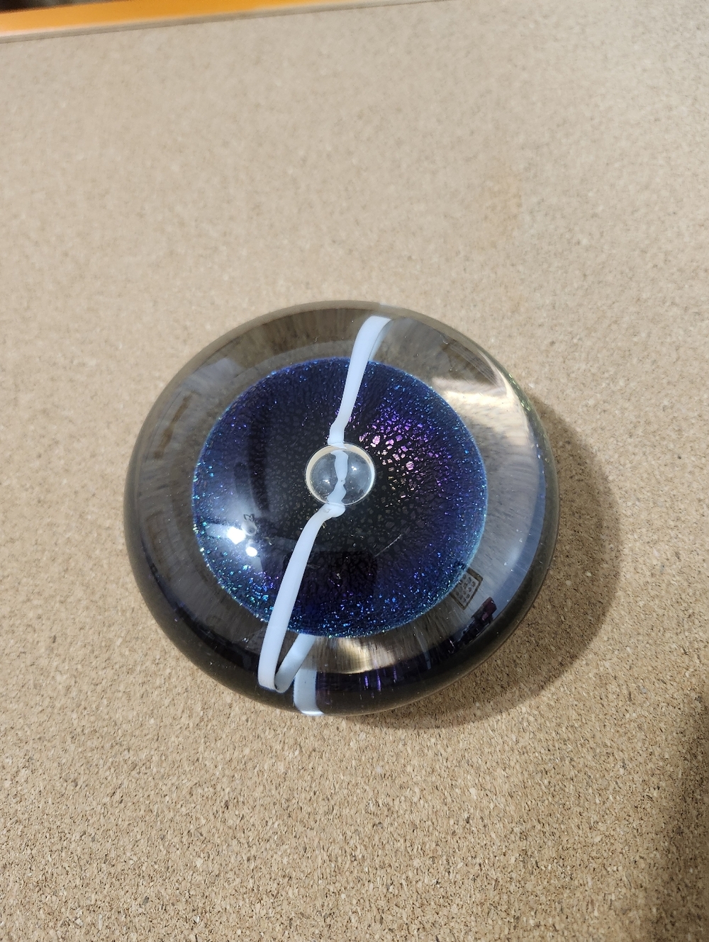 1992 Robert Eickholt Glass Art Paperweight with Blue-Purple Dichroic Center
